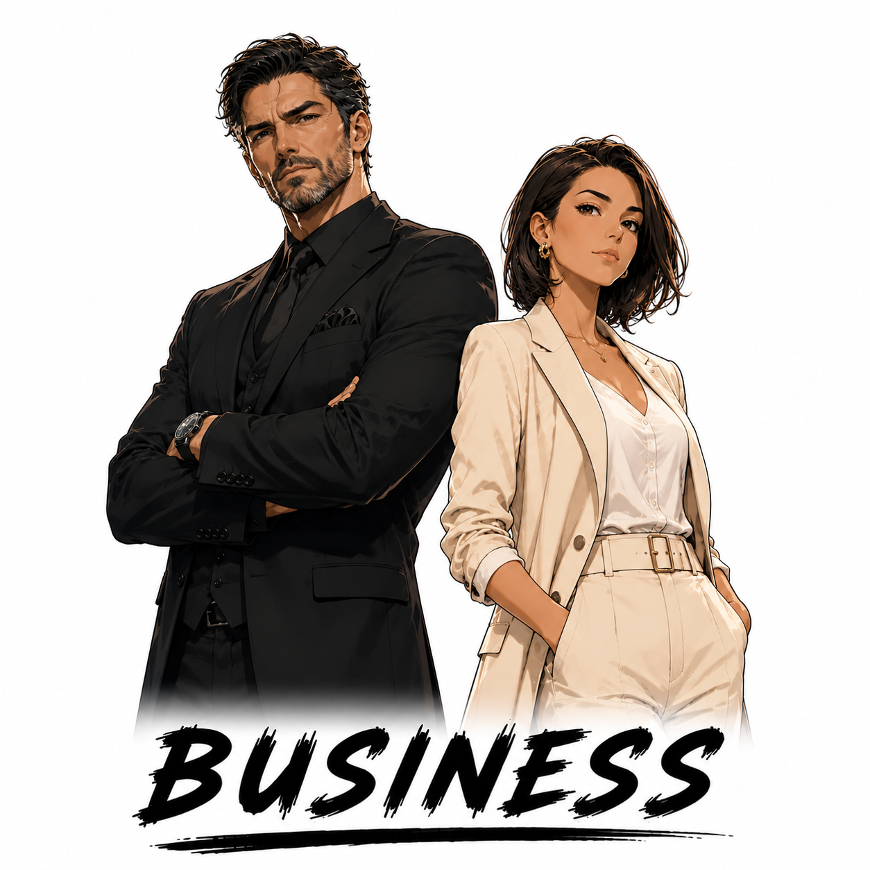 Eine Business Frau und ein Business Mann, die selbstbewusst Rücken an Rücken stehen.