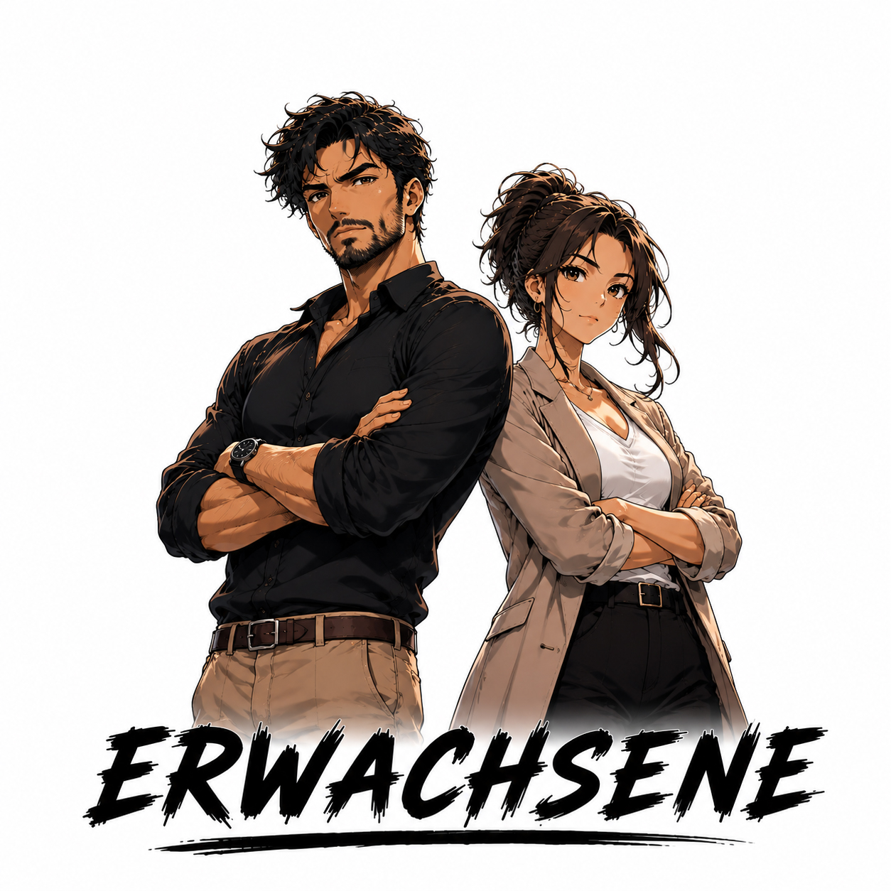 Eine Frau und ein Mann, die selbstbewusst Rücken an Rücken stehen.