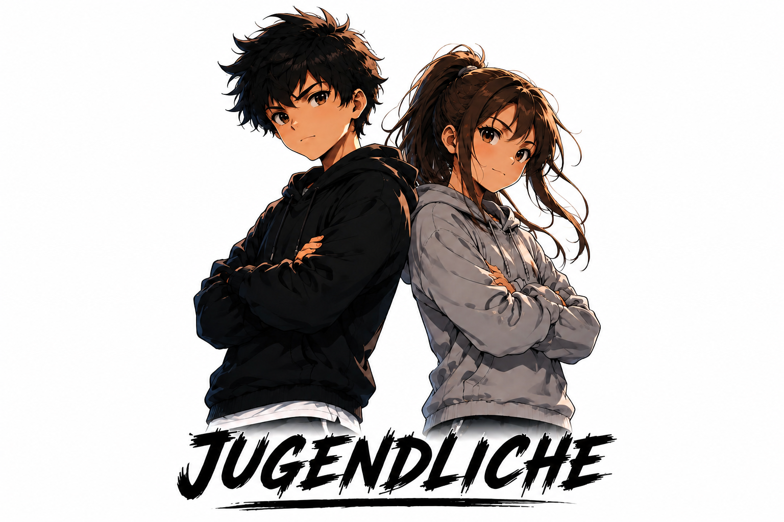 Ein Mädchen und ein Junge, die selbstbewusst Rücken an Rücken stehen.