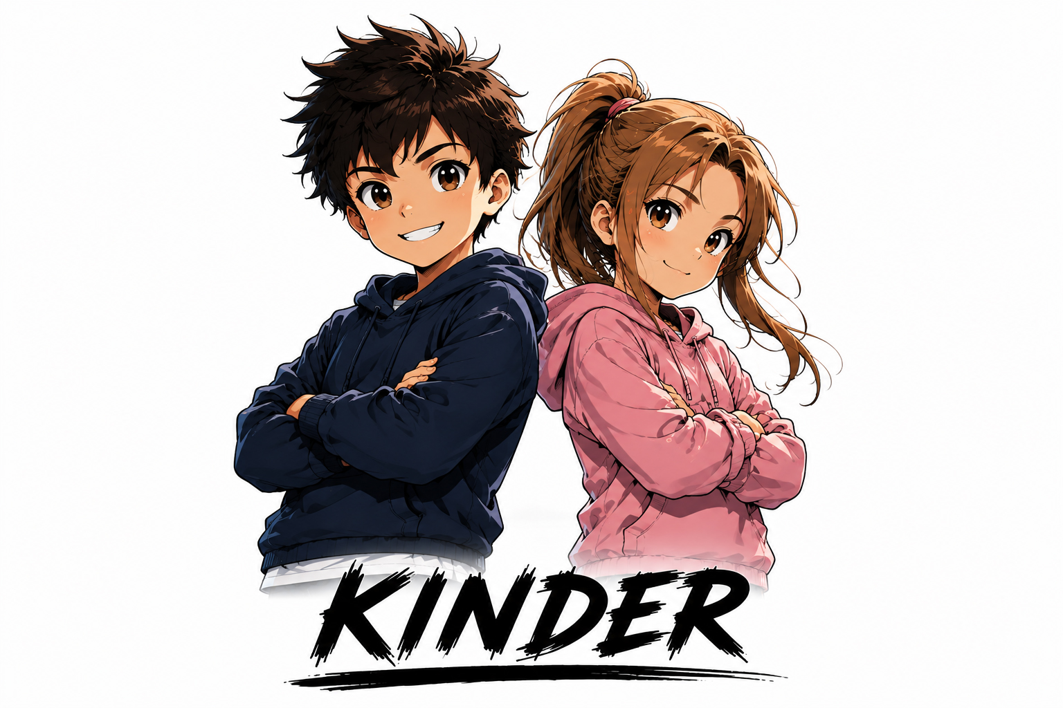 Ein Mädchen und ein Junge, die selbstbewusst Rücken an Rücken stehen.